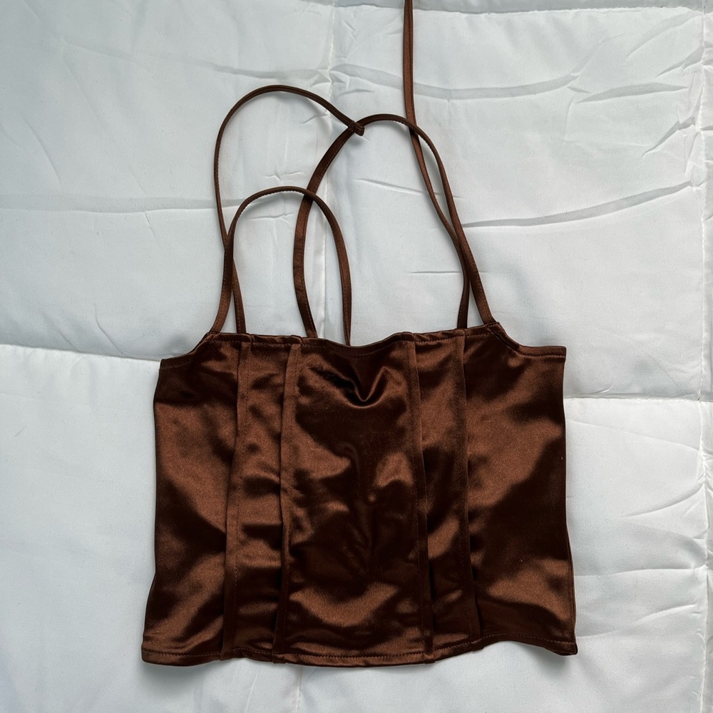 H&M - Satin Brown Tie Up Crop Top - XS